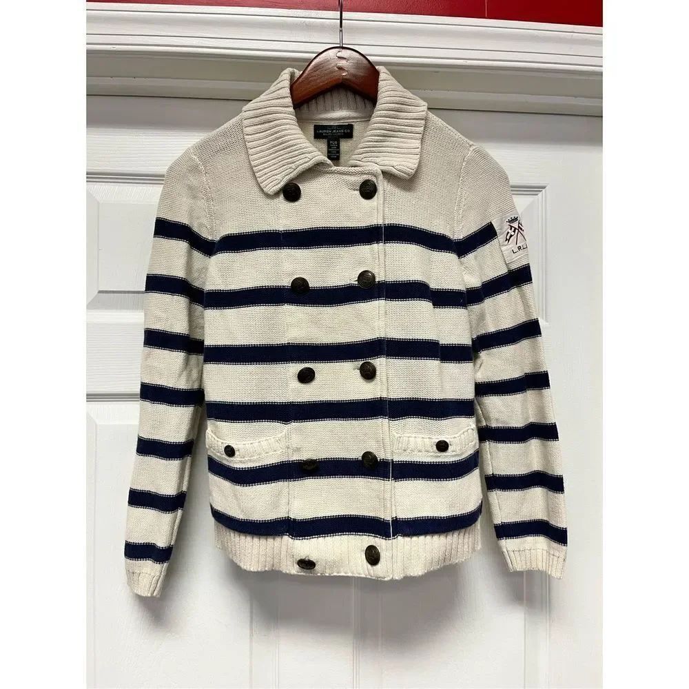 Lauren Jeans Co. Cream & Navy Double Breasted Nautical Shoulder Patch Cardigan S